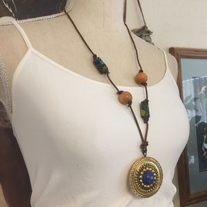 Vintage 80s long medallion leather cord necklace
